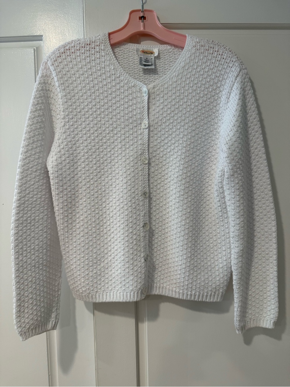 Vintage Talbots White Textured Knit Button Cardigan with shell buttons